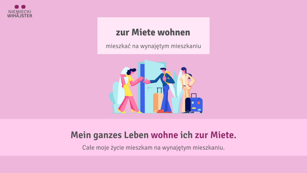 Grafika do lekcji "wynajmować po niemiecku". Grafika ze zwrotem zur Miete wohnen (mieszkać na wynajętym mieszkaniu) oraz przykładowym zdaniem "Mein ganzes Leben wohne ich zur Miete." (Całe moje życie mieszkam na wynajętym mieszkaniu.".